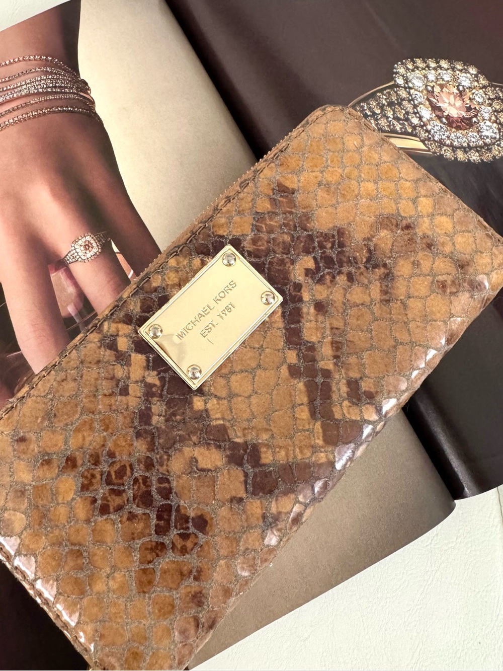 Michael Kors Brown Snake-Embossed Leather Clutch zip around Wallet